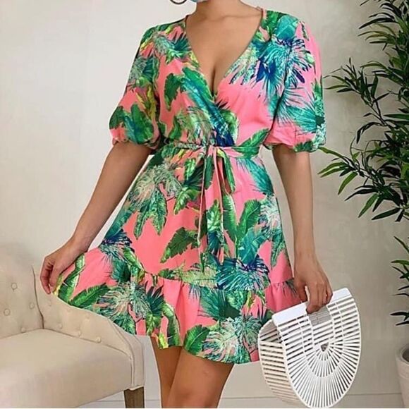Flying Tomato B-Neck Wrap Tropic Leaf Leaves Print Dress with Puff Short Sleeves - Picture 5 of 11